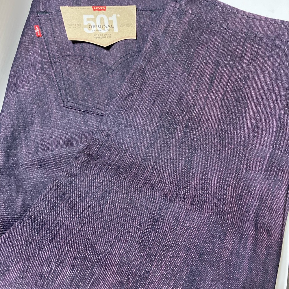 New Mens Levi 501 Jeans. Purple with pink label and pink buttons.
